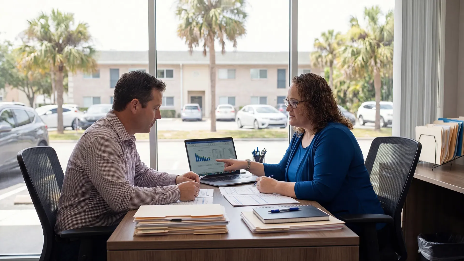 business tax strategist Sarasota, a Tax with Integrity co-owner reviewing financial data with a business owner client