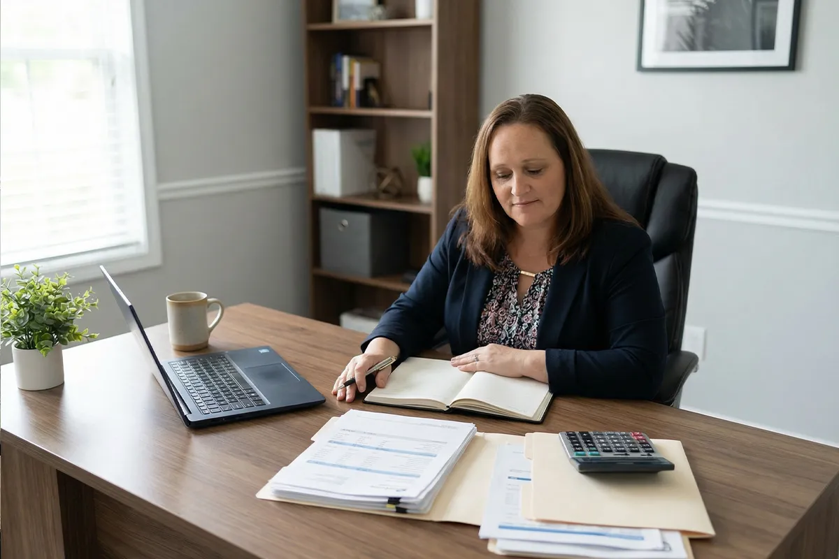 business tax strategist Sarasota, a Tax with Integrity team member reviewing financial reports and a planner at her desk