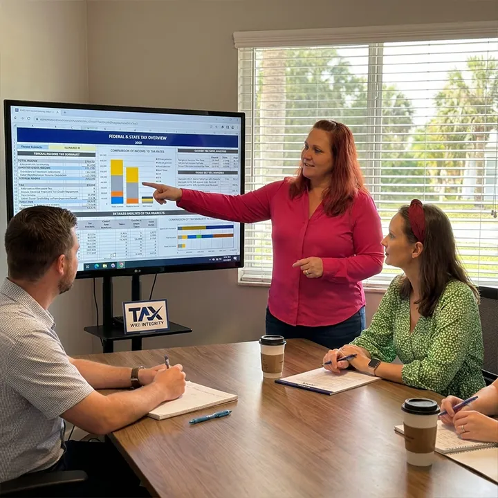 business tax strategist Sarasota, the Tax with Integrity team presenting a federal and state tax overview to a business owner client