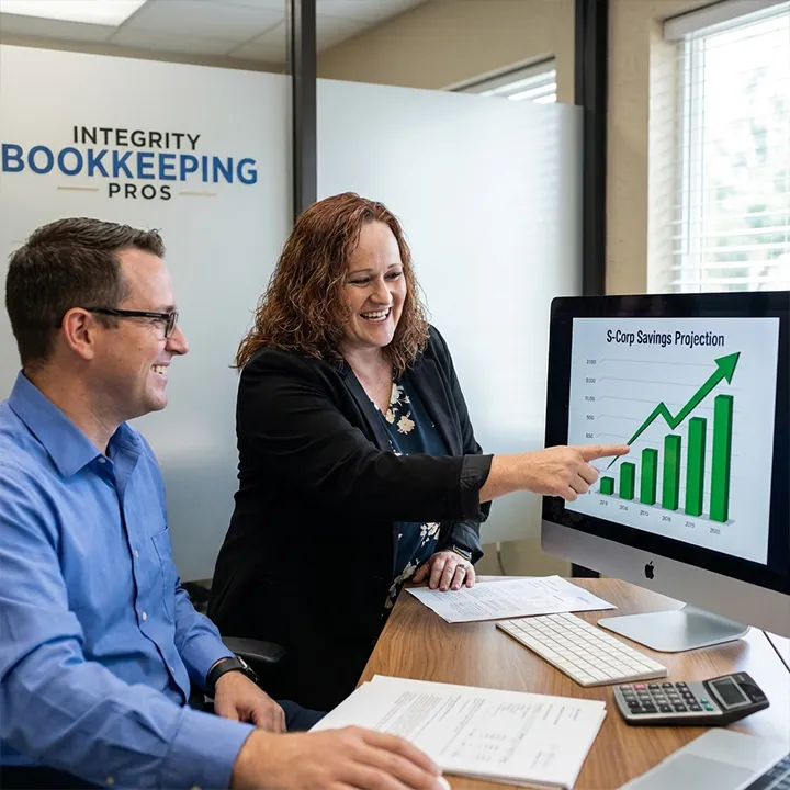 business tax strategist Sarasota, a Tax with Integrity co-owner reviewing an S-Corp savings projection with a business owner client