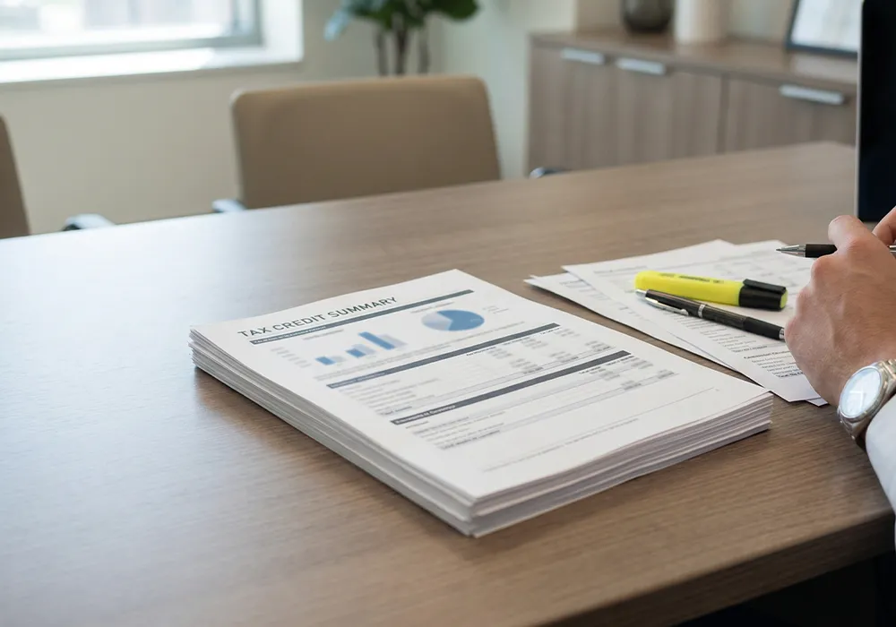 business tax strategist Sarasota, a tax credit summary report and supporting documents on a conference table