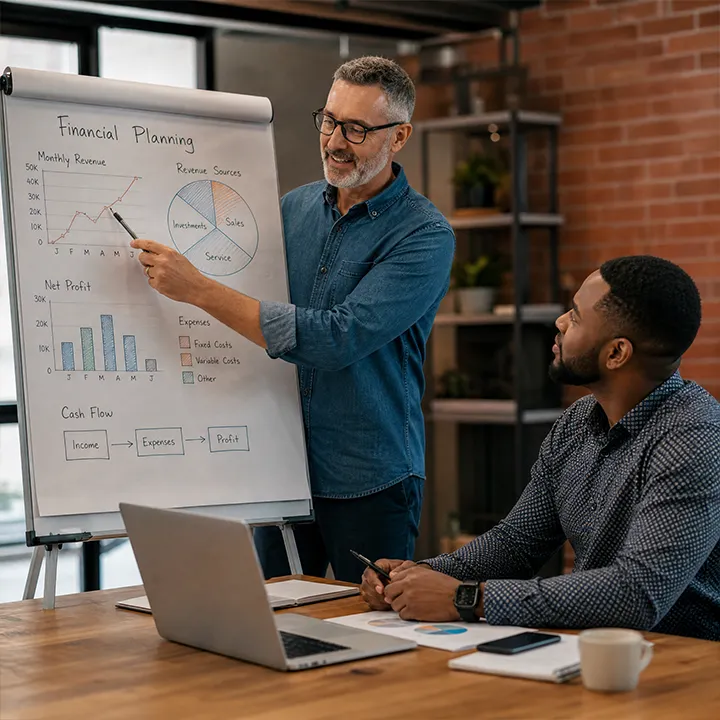 business tax strategist Sarasota, a Tax with Integrity advisor presenting a financial planning breakdown to a business owner client