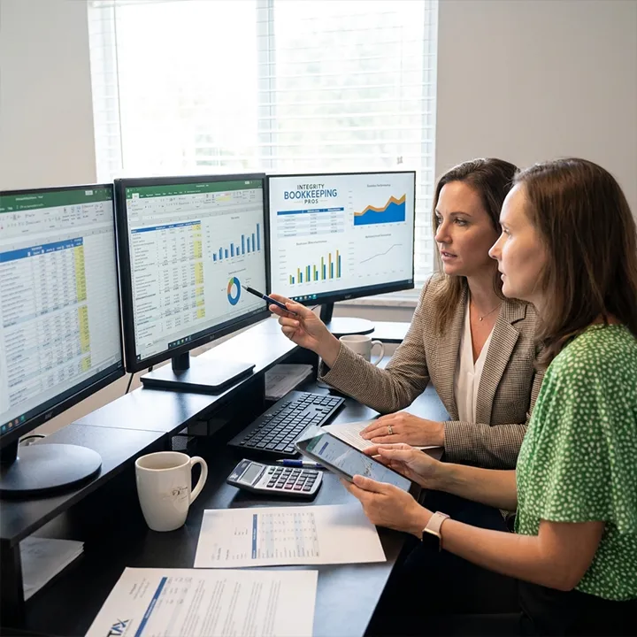 business tax strategist Sarasota, Tax with Integrity team members reviewing multi-business financial data across several monitors