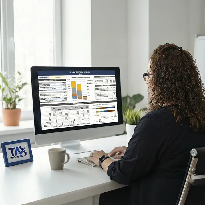 Business owner reviewing long-term tax planning projections.